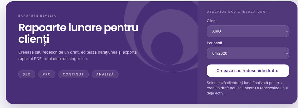 Ecran Revelia Reports pentru rapoarte lunare