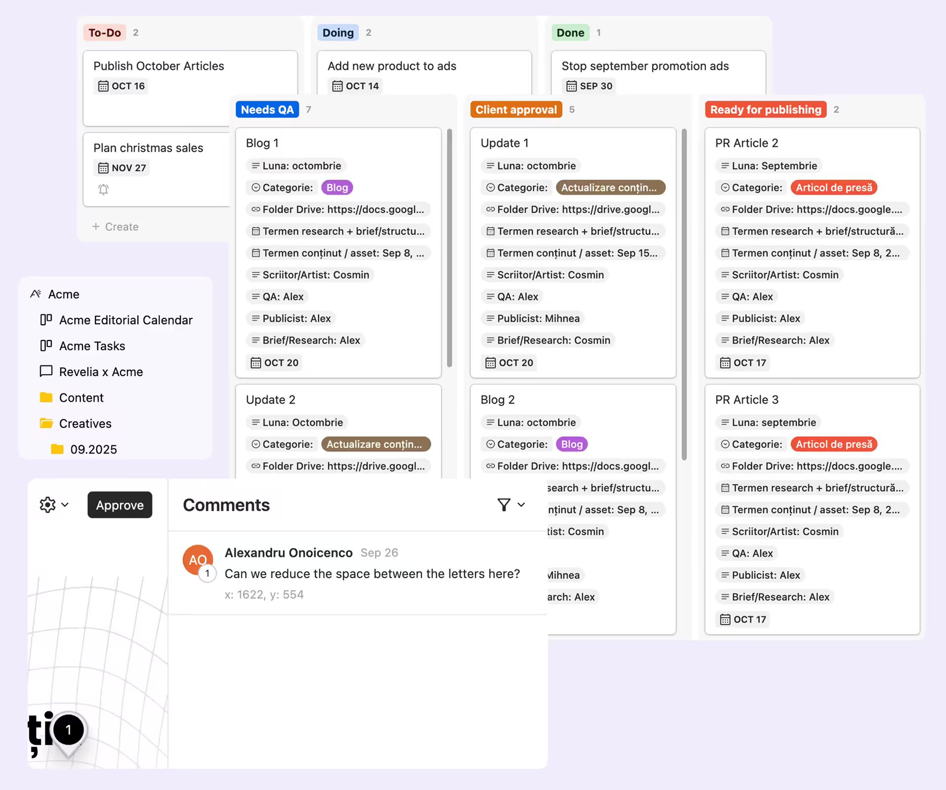 Revelia client portal with tasks, deliverables and comments